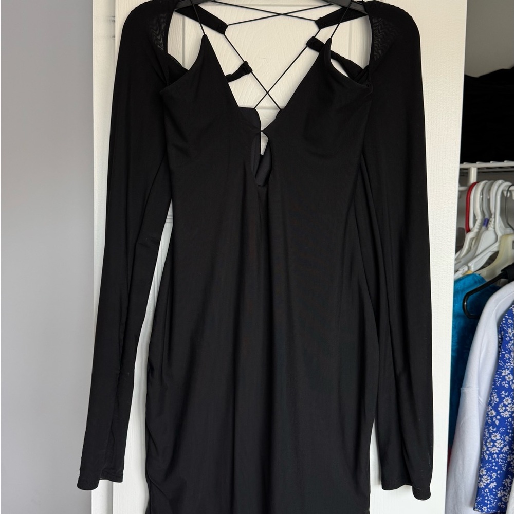 Oh Polly Black Long Sleeve Bodycon Dress Plunge Neckline